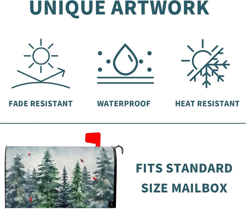 Granbey Winter Watercolor Tree Magnetic Mailbox Cover Large Size 25.5x21 Inch Christmas Dark Green Pine Trees Mail Box Post Cover Rustic Forest Red Bird Letter Box Wraps for Home Outdoor Garden Yard Decor - Image 5